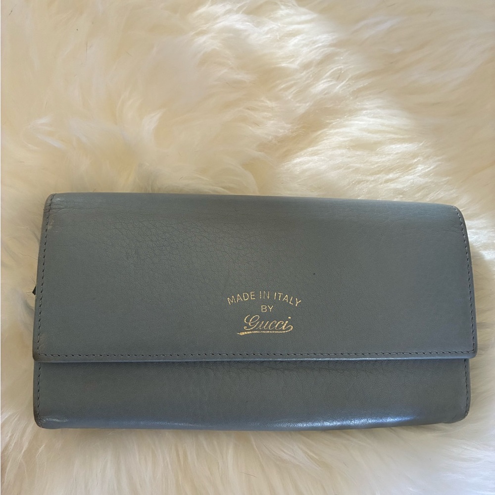 RARE Gucci Blue Leather Continental Wallet with Gold Stamp